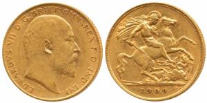 Great Britain, Edward VII, Gold ½ Sovereign, 4g, 1909, (KM 804). Very Fine, Rare.