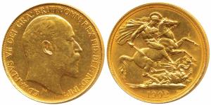 Great Britain, Edward VII, Gold 2 Pounds, 16g, Bare head, rev. St. George slaying a dragon
