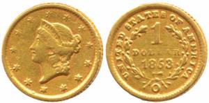 United States of America, Gold 1 Dollar, 1.64g, 1863 O. Ex-Mount, Very Fine, Rare.