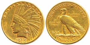 United States of America, Gold 10 Dollars, 16.58g , 1913, Indian Head on obv., (KM 130). V