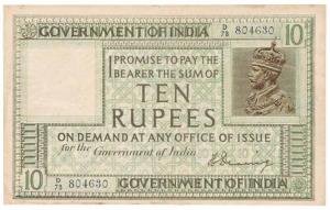 George V, Rupees 10, 1st issue, 1925, signed H. Denning, (Jhun 6B.1). Very Fine+, Rare.