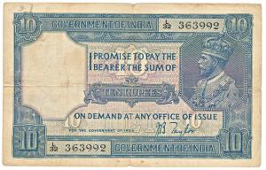 George V, Rupees 10, 2nd issue, 1926, signed J. B. Taylor, (Jhun 7.2). Fine, Scarce.
