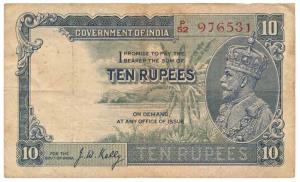 George V, Rupees 10, 3rd issue, 1933, signed J. W. Kelly, (Jhun 8.2). Fine+, Scarce.