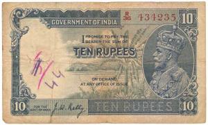 George V, Rupees 10, 3rd issue, 1933, signed J. W. Kelly, (Jhun 8.2). Grafitti in the wate