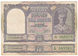 George VI, Rupees 10, 2nd issue, 1944, signed C. D. Deshmukh, (Jhun 6.1). Fine+. (2)