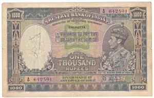 George VI, Rupees 1000, 1st issue, 1938, Calcutta, signed J. B. Taylor, (Jhun 8.1B). Very 