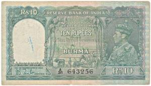 Burma, George VI, Rupees 10, 1938, signed J. B. Taylor, green colour, (Jhun 5.1). About Ve