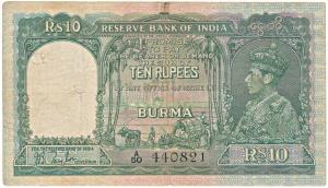 Burma, George VI, Rupees 10, 1938, signed J. B. Taylor, green colour, (Jhun 5.1). Fine+.