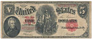 United States, Legal Tender notes, 1907 series, 5 Dollars, (KM 186). About Very Fine, Rare