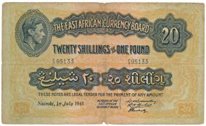 East African Currency Board, 20 Shillings / One Pound, Nairobi, 1st july, 1941, (KM 30). F