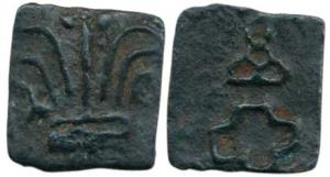 Taxila (local coinage), (c. 200 BC), Copper Karshapana, obv. a plant in railing, rev. thre