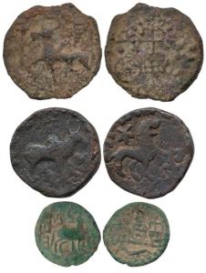Kaushambi (c. 200 BC), Copper lanky bull type, obv. bull walking to left in front of a tri