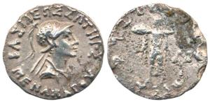 Indo-Greeks, Menander (c. 160-145 BC), Silver Drachm, helmeted bust of the king to right o