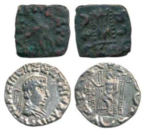 Indo- Greek, Apollodotus I, Copper Obol, obv. Apollo standing with quiver, Greek legend Ba