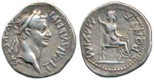 Roman Empire, Tiberius (AD 14-37), Silver Denarius, Tribute Penny, Goddess seated to right
