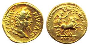 Indian imitation of Roman Empire, Septimus Severes, (AD 207), Gold Aureus, curly haired bu