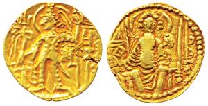 Later Kushanas, Shaka, Gold Dinar, obv. king nimbate, standing facing left, holding a trid