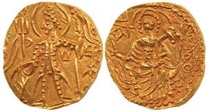 Later Kushanas, Shaka, Gold Dinar, 7.75g, obv. king nimbate, standing left, holding staff 