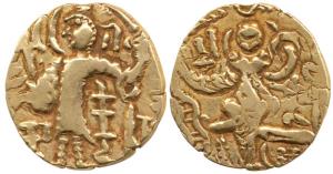 Kidara Kushanas, Base Gold, 7.95g, king standing to left on obv.; crude execution of Laksh