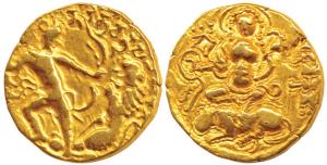 Guptas, Chandragupta II, Vikramaditya (c. AD 380-413), Gold Dinar, Lion-Slayer type, obv. 