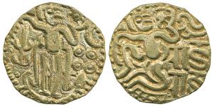Cholas, Raja Raja I (AD 985-1014), base Gold Kahavanu, 4.23g, king standing to right with 