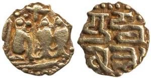 Chola, Gold Fanam, 0.38g, Yuddhamalla (Rajendra I), obv. two stylised vertical fish flanke
