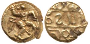 Vijayanagar, Bukka Raya I (AD 1344-1377), Gold Pagoda, 3.39g, warrior walking to right wit