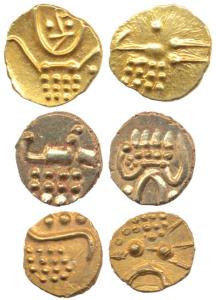 Veera Raya, Coorg, Gold Fanam (3), obv. stylized lion standing right with crescent above, 