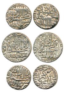 Akbar, Silver Rupee (3), Jaunpur and Ahmedabad Mint, Mintless, AH 983 and 984. Very Fine t