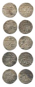 Amritsar Mint, Silver Rupees (5), Gobindshahi couplet and Pipal leaf, VS 1885, with differ