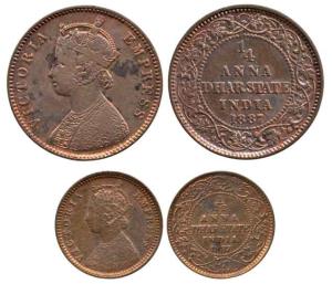 Victoria Empress, Copper ¼ and 1/12 Anna, 1887, both with the name and portrait of Victori