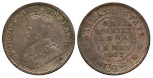 George V, Copper ¼ Anna, 1912, Calcutta Mint. About Very Fine, Scarce.