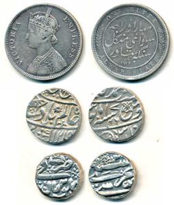 Silver Rupee (3), Alwar with the name and portrait of Queen Victoria; Bhopal Shahjahan Beg