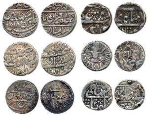 Silver Rupee (6), Alwar, Rajgarh Mint, RY4; Bharatpur, Braj Indrapur Mint, AH 1238/18; Bun
