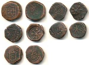 Copper (5), Bazaruco (2), 2 Bazarucos (2) and 4 Bazarucos, arms of the Portuguese on obv.;