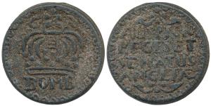 Bombay Tin 2 Pice, 26.04g, large crown and BOMB written below on obv., AUSFICIO/REGI SET/S