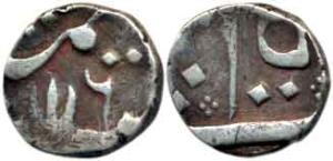 Silver ¼ Rupee, 2.74g, Arkat Mint, in the name of Alamgir II, frozen RY 6, lotus mint mark