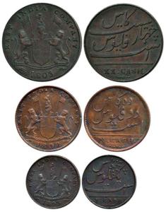 Copper 5, 10 and 20 Cash, the first and last 1808, the second 1803. Very Fine, Scarce. (3)