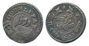Silver Double Fanam, 2nd issue, 1808, oblique milling, buckled garter on obv.; ribbon and 