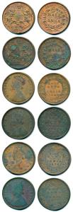 EIC, Victoria Queen / Empress, Copper 1/12 Anna (6), 1835, 1845, 1862, 1875, 1876 and 1877