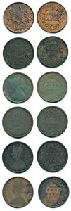 EIC, Victoria Queen / Empress, Copper 1/12 Anna (6), 1835, 1845, 1862, 1875, 1876 and 1877