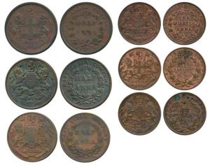 EIC, Copper ¼ Anna (3), 1835; Copper ½ Anna (3), 1835 and 1845. Fine+ to Very Fine+. (6)