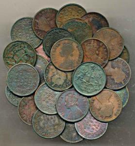 EIC, Victoria Queen / Empress, Copper ¼ Anna (27), 25 different dates. Very Good to Very F