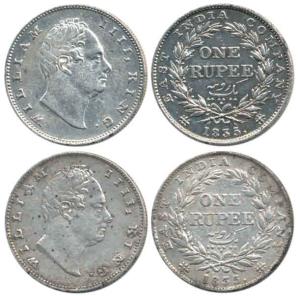 William IV, Silver Rupee (2), 1835, Calcutta Mint, RS Incuse, 20 Berries and 1835, Bombay 