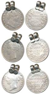 William and Queen Victoria, Silver Rupee (3), with loop, used as jewellery. Fine. (3)