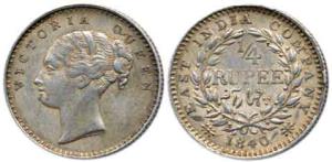 Victoria Queen, Silver ¼ Rupee, 1840, Calcutta Mint, continuous legend, obv. No initial / 