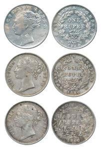 Victoria Queen, Silver Rupee (3), 1840, continuous legend, English head, long neck, 35 ber