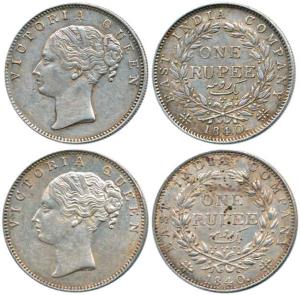 Victoria Queen, Silver Rupee (2), 1840, Calcutta Mint, continuous legend, English head (sh