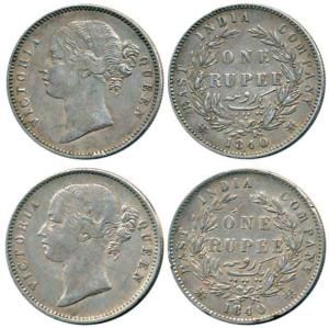 Victoria Queen, Silver Rupee (2), 1840, divided legend, WW raised / rev. 28 Berries, one c
