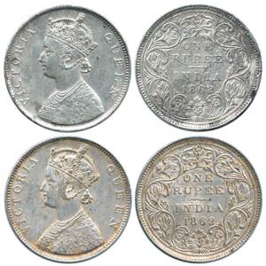 Victoria Queen, Silver Rupee (2), 1862, Bombay Mint, B / II / 2 / 0. Very Fine. (2)